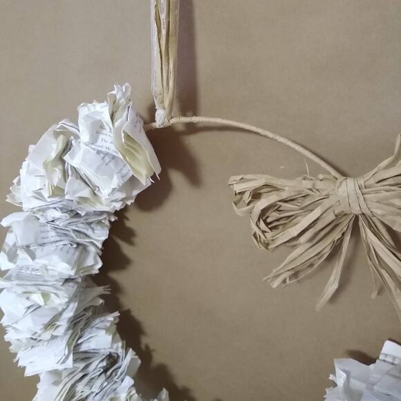 Book Page Wreath with Craft Paper Raffia and Cream Lace - Picture 3 of 5